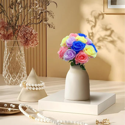 12 PCS Rose Artificial Silk Flowers, Fake Roses with Long Stems Realistic Faux Rose Flower Bouquets for Home Wedding Decoration Party-Mix Color