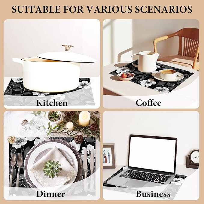 Cotton Linen Waterproof Placemats Set of 4, Floral Black Dining Mat Table Mats Decor Fabric for Kitchen Dinner Coffee Shop Table, Indoor/Outdoor Washable Wipeable Placemat -N036