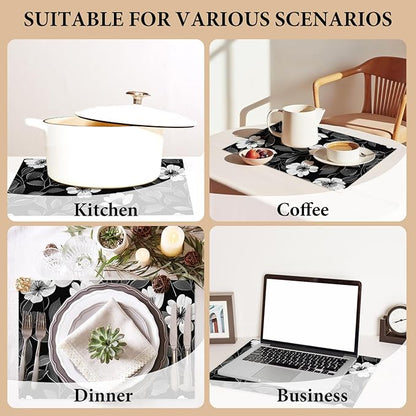 Cotton Linen Waterproof Placemats Set of 4, Floral Black Dining Mat Table Mats Decor Fabric for Kitchen Dinner Coffee Shop Table, Indoor/Outdoor Washable Wipeable Placemat -N036