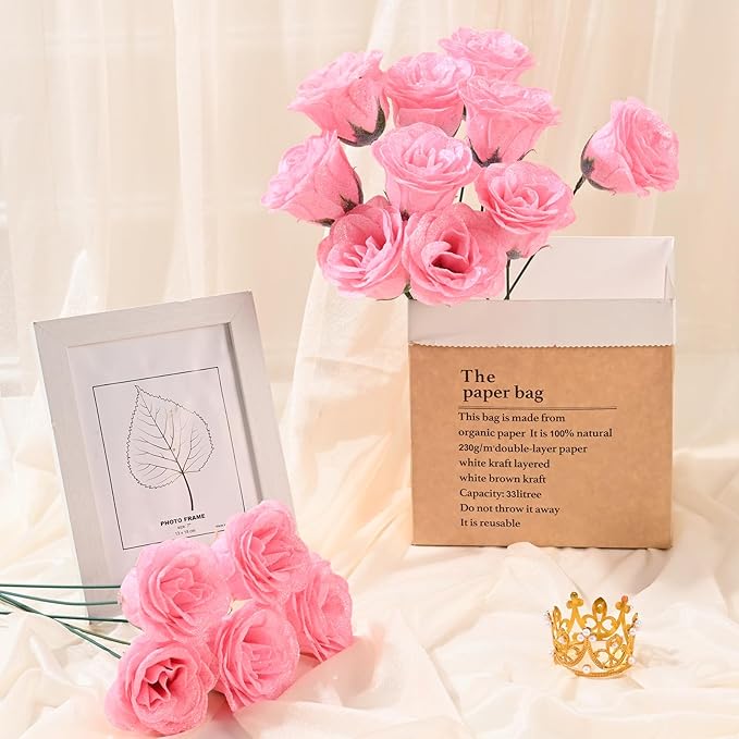 Waipfaru Pink Glitter Roses Bouquet, DIY Fake Flowers Bouquet, Everlasting Shiny Artificial Rose Bouquet for Valentine's Day, Anniversary, Engagement, Wedding, 24 Roses