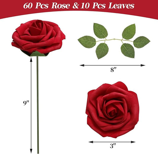DerBlue 60pcs Artificial Roses Flowers with stem and 10pcs Green Leaves Real Looking Fake Roses Artificial Foam Roses Decoration DIY for Wedding,Arrangements Party Home Decorations
