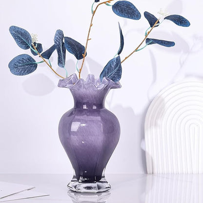 9.5" Tall Purple Glass Vase Beautiful Hand Blown Glass Decor Flowers Vases for Centerpieces, Modern Murano Glass Art Purple Vase, for Home Decor Table Entryway Wedding Decoration