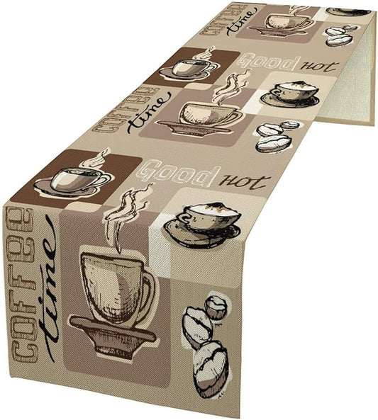 Coffee Table Runner,Vintage Style Coffee Cup Bean Abstract Theme Pattern Print Tablecloth Burlap for Hotel Indoors Outdoor Dining Room Kitchen Table Decor, 13x60in
