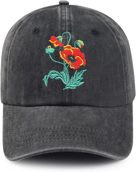 Cute Flower Hat, Elegant Floral Embroidered Adjustable Baseball Cap for Men Women, Gifts for Flower Lovers, Black