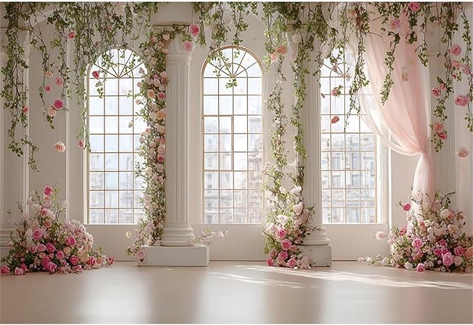 Baocicco Pink Palace Backdrops 10x7ft White and Pink Windowsills Botanical Background Princess Birthday Party Banner Supplies Wedding Ceremony Anniversary Engagement Banner Photo Booth Studio Prop