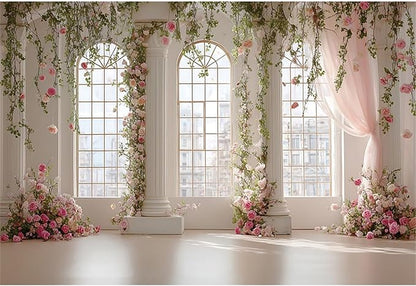 Baocicco Pink Palace Backdrops 5x3ft White and Pink Windowsills Botanical Background Princess Birthday Party Banner Supplies Wedding Ceremony Anniversary Engagement Banner Photo Booth Studio Prop