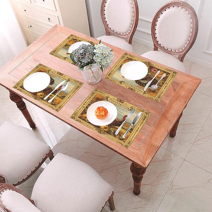 PVC Placemats Set of 1 Wipeable Table Mats Washable Heat Resistant Non Slip Vinyl Dining Table Mat for Kitchen Indoor Outdoor Patio Farmhouse Place Mats Retro Turkey Thanksgiving Decorative