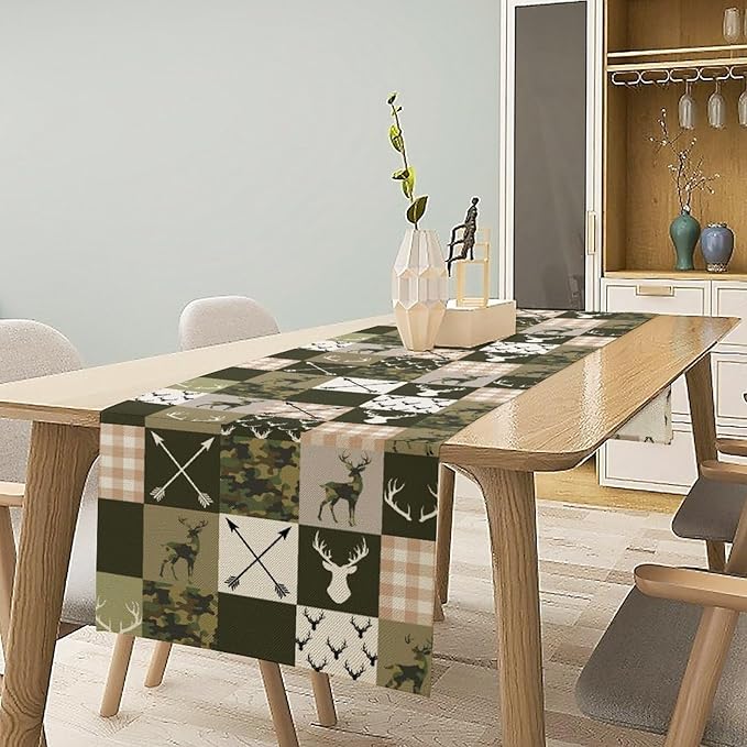 Farmhouse Table Runner, Rustic Deer Camouflage Buffalo Plaid Wild Animal Seasonal Coffee Table Center Decor for Home Kitchen Dining Patio Holiday Party Table Decorations 13x36 inches