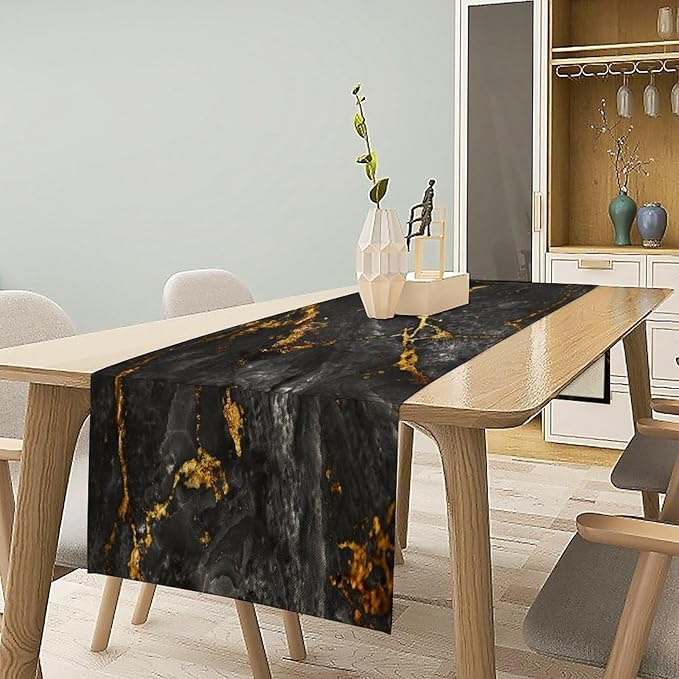 Black Grey Marble Table Runner Abstract Black Grey Gold Veins Marble Pattern Seasonal Dinner Runner Table Decoration for Farmhouse Home Kitchen Dining Holiday Party 13x36in