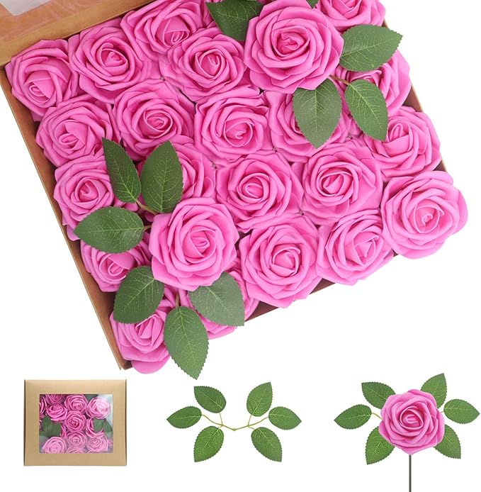 100Pcs Artificial Flowers Hot Pink Roses Real Looking Foam Fake Roses with Leaves and for DIY Wedding Bouquets Bridal Shower Centerpieces Party Decorations (Hot Pink, 100)