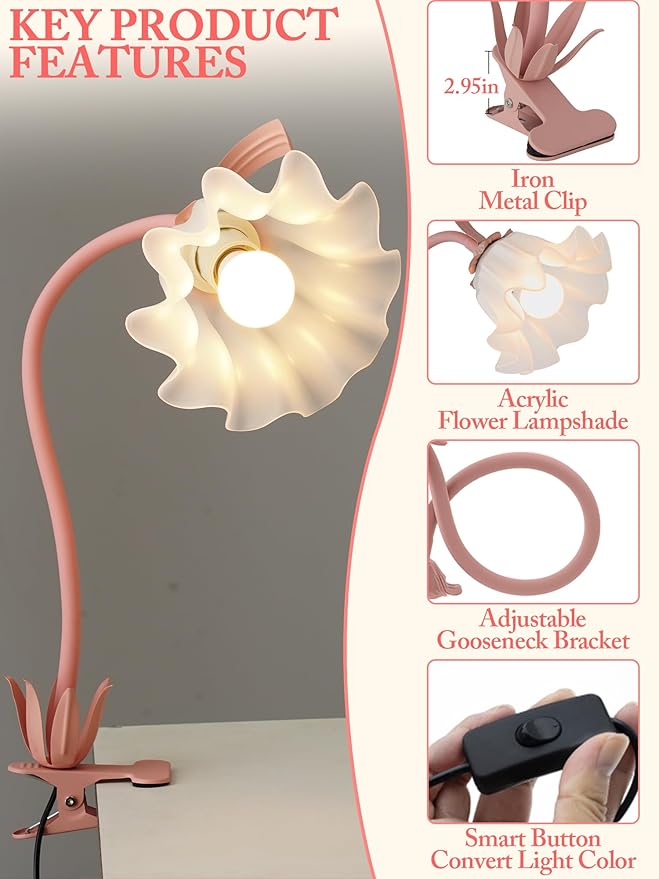 Flower Desk Lamp,LED Reading Light 360°Rotation Clip on Lamps,Vintage Flower Bedside Night Light,3 Colors Modes Book Lights Decor for Bedroom Bed Headboard Office Lighting Home Decoration (Pink)