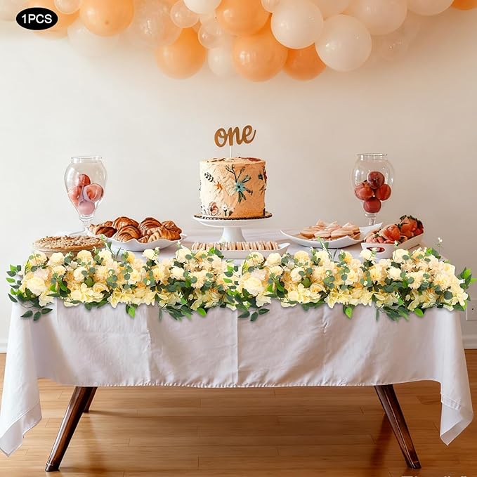 Eapmic Artificial Flower Row, 39.37in Peony Hydrangea Floral Arrangement, Faux Flower Panel Table Centerpiece for Wedding Arch Wall Backdrop Ceremony Reception Home Party Decoration (Champagne)