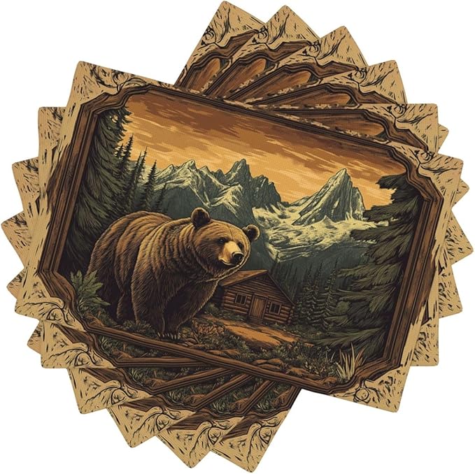 Cabin Bear Placemats Set of 6 Washable Table Mats Rustic Wildlife Hunting Forest Mountain Heat-Resistant Cotton Linen Place Mats for Dining Table Kitchen Indoor Outdoor Party Holiday Decor