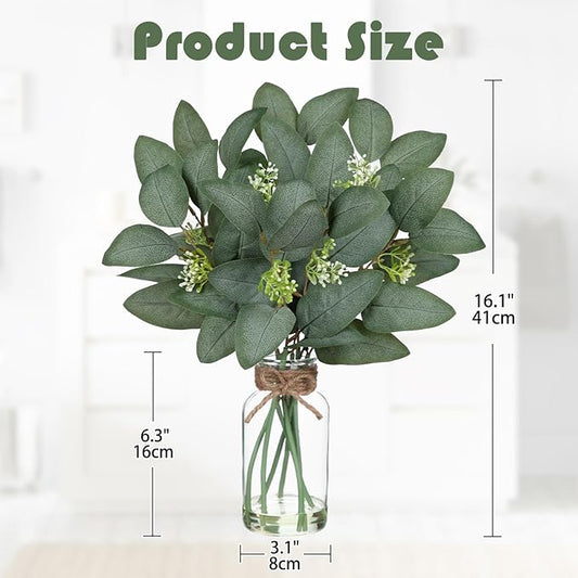 Hollyone 16.1" Artificial Eucalyptus Stems with Glass Vase with Faux Water Fake Plant Eucalyptus in Vase for Home Decor Greenery Plants Wedding Bathroom Office Table Centerpiece Shelf Decorations