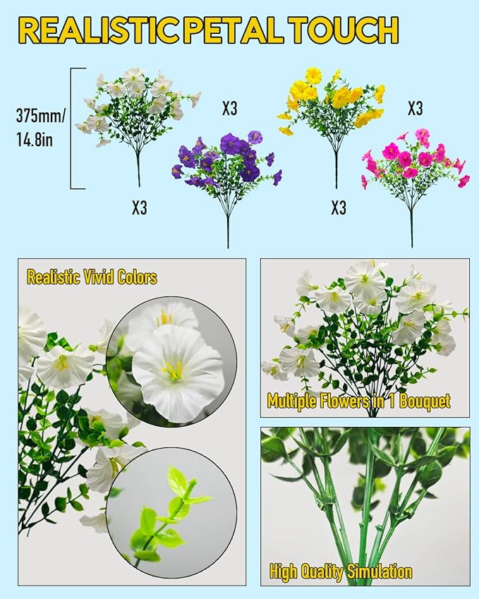 12 Bundles Artificial Flowers for Outdoors UV Resistant with Eucalyptus - Realistic Silk Fake Flowers Outside for Window Box Planter Hanging Basket, Faux Plants for Home Porch Garden Yard Décorations