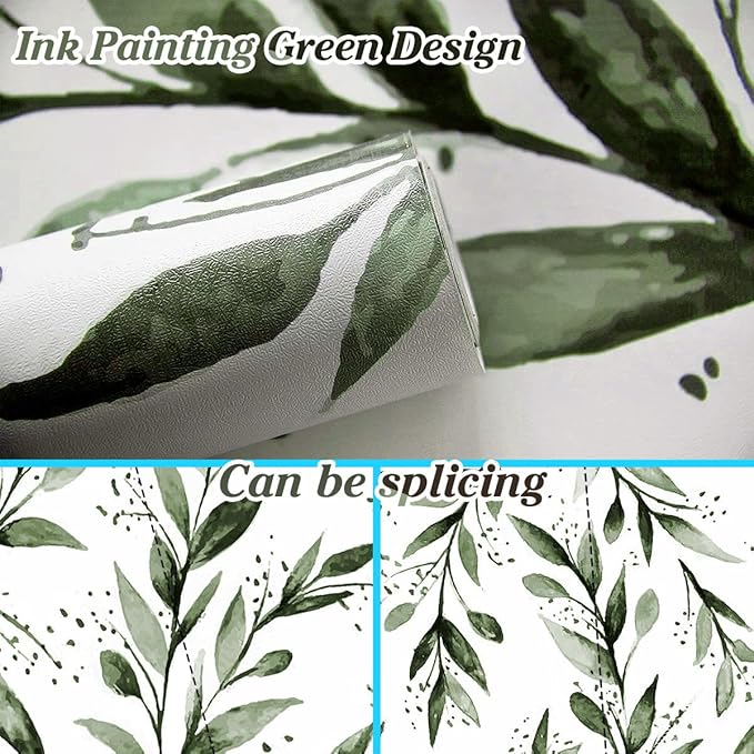 Erfoni Green Leaf Peel and Stick Wallpaper Floral Contact Paper 17.7inch x 393.7inch Greenery Leaves Self Adhesive Wallpaper Peel and Stick Olive Botanical Flowers Wall Paper Decoration Vinyl Film