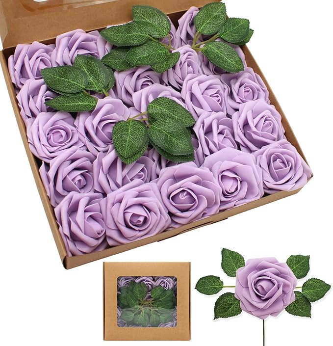 Light Purple Artificial Roses Flowers 100pcs Real Looking Foam Fake Roses with Stems for DIY Wedding Bouquets Bridal Shower Centerpieces Party Decorations (Light Purple)