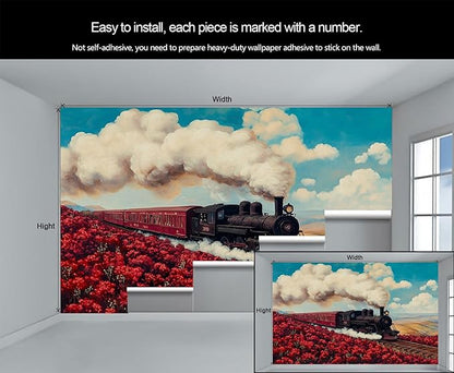 Vintage Train Wall Mural, Steam Engine Landscape 3D Wall Murals, Train Through Flower Field Wallpaper Mural, for Living Room Bedroom Large Wallpaper Indoor Decor 118" W x 82.6 "H