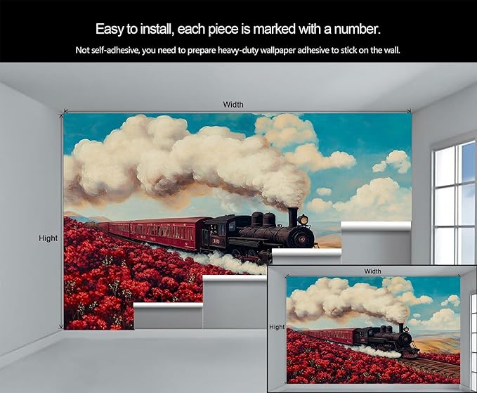 Vintage Train Wall Mural, Steam Engine Landscape 3D Wall Murals, Train Through Flower Field Wallpaper Mural, for Living Room Bedroom Large Wallpaper Indoor Decor 98.4" W x68.9 H