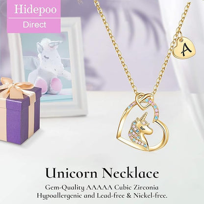 Hidepoo Stocking Stuffers for Teen Girls Kids - Colorful CZ Heart Pendant Initial Unicorn Necklaces for Girl Jewelry Birthday Gift Christmas Gifts for Grandkids Girls Kid