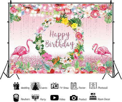 Renaiss 7x5ft Pink Flamingo Happy Birthday Backdrop Tropical Leaves Floral Hoop Winkle Hawaiian Photography Background Luau Aloha Party Decor Girls Birthday Photo Props Dessert Gift Table Banner
