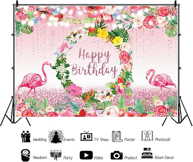 Renaiss 10x8ft Happy Birthday Backdrop Pink Flamingo Tropical Leaves Flower Hoop Winkle Hawaiian Photography Background Luau Aloha Party Decor Girls Birthday Photo Props Dessert Gift Table Banner