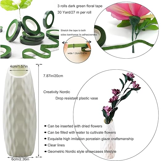 Floral Tape and Floral Wire Arrangement Tools Kit with Wire Cutter - 1 pcs vase, 16 Gauge Floral Stem Wire and 22 Gauge Paddle Wire, Boutonniere Pin, for Bouquet Stem Wrapping and Floral Crafts