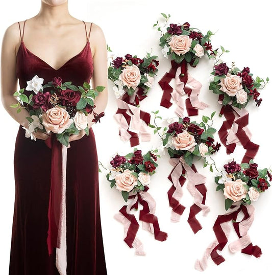 Ling's moment Artificial Flowers Red Bridesmaid Bouquet Set of 6, Red & Blush Wedding Flowers Bouquets for Bridesmaids, 7 Inch Bridal Bouquets for Bridesmaids, Wedding Decor, Anniversary, etc