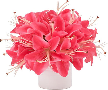 Artificial Flowers in Vase, Fake Lily Flowers with White Ceramic Vase, Small Potted Faux Floral Arrangements for Home Desk Kitchen Lavatory Coffee Tea Wedding Table Centerpiece Decor (Hot Pink)
