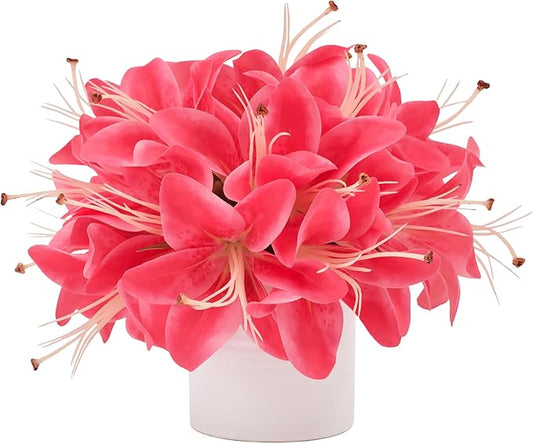 Artificial Flowers in Vase, Fake Lily Flowers with White Ceramic Vase, Small Potted Faux Floral Arrangements for Home Desk Kitchen Lavatory Coffee Tea Wedding Table Centerpiece Decor (Hot Pink)
