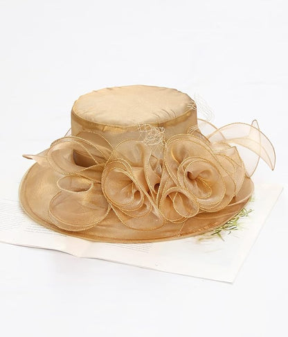 Organza Derby Hats for Women Wide Brim Fascinator Hat Rose Flower Wedding Tea Party Hat