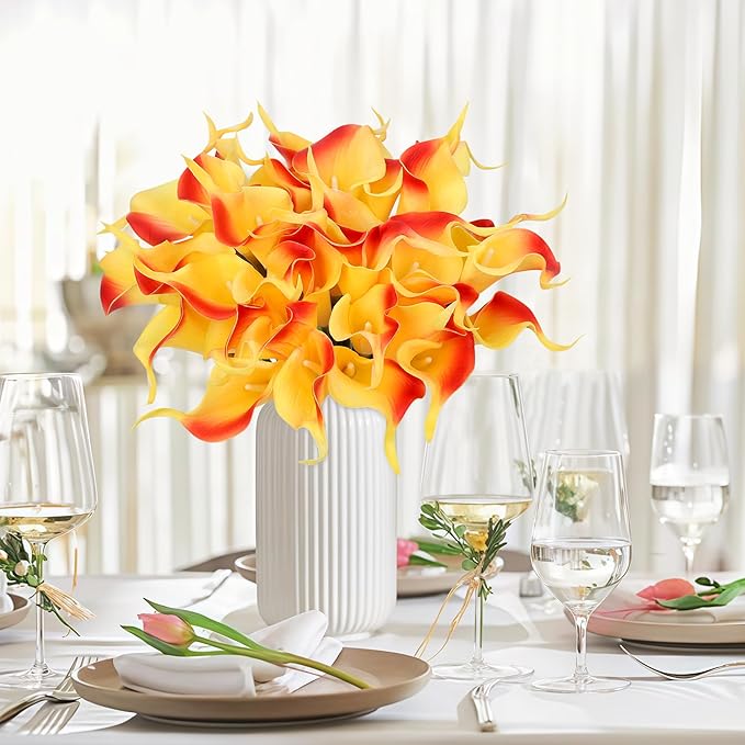 24 Pcs Orange Artificial Calla Lily Flowers Fake Orange Silk Flowers Real Touch for Wedding Bouquet Office Home Kitchen Decor