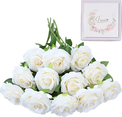 Artificial Rose Flower Ivory Flowers Ivory Roses White Roses Silk Flowers 12 pcs with Long Stem Silk Roses Bouquet for Wedding Bridal Shower Party Home Decoration