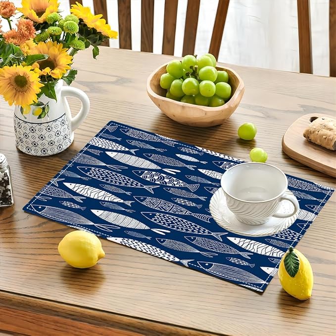Japanese Fish Placemats Set of 4, Blue Fishing Country Double-Sided Table Mats for Kitchen Dining Room Home Party Indoor Decor 4 PCS 12x18 Inch