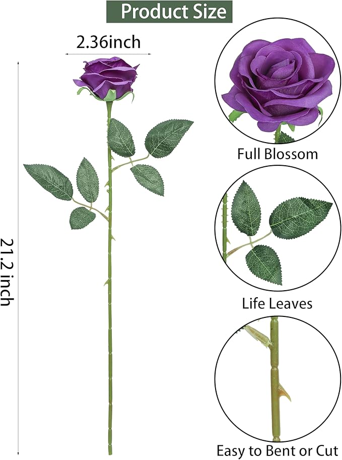 DuHouse 10pcs Fake Roses Artificial Silk Flowers Long Stems Bouquet for Arrangement Wedding Centerpiece Party Home Kitchen Decor(Dark Purple)