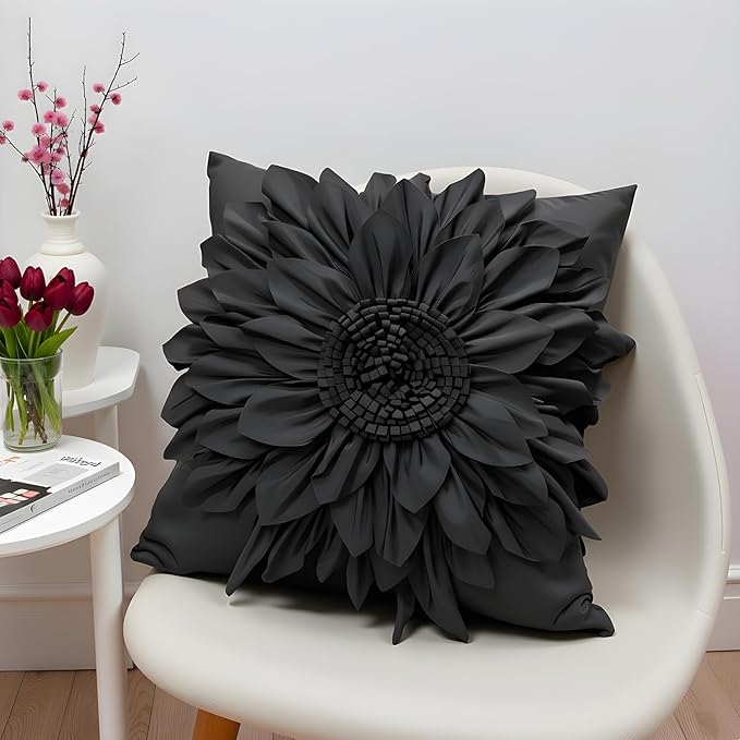 Bella's Giftshop Black Decorative Throw Pillow Covers 18x18 Inch for Bed Sofa Couch, Handmade 3D Accent Sunflower Floral Pillowcase, Living Room Decor
