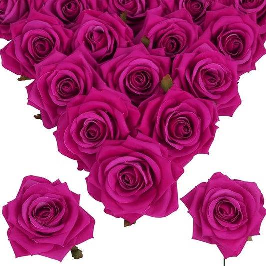 Artificial Roses 16pcs Velvet Deep Pink Roses Silk Flowers 3.94" Roses Artificial Flowers for Wedding Flowers for Centerpieces Home Party Decor (Deep Pink)