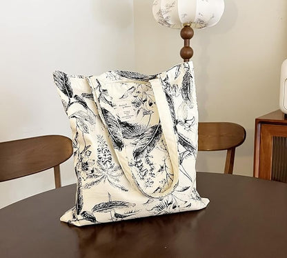 Cotton Canvas Tote Bag Reusable Soft Grocery Cloth Bag Floral Shoulder Bag for Beach Travel Shopping