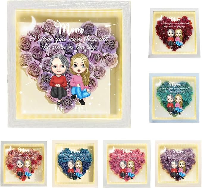 Personalized Mom Flower Shadow Box with LED Light Custom Heart Shaped Rose Flower Shadow Box Frame I Love You More Than All The Stars in The Sky Mother's Day Portrait Shadowbox Memory Gifts for Mom
