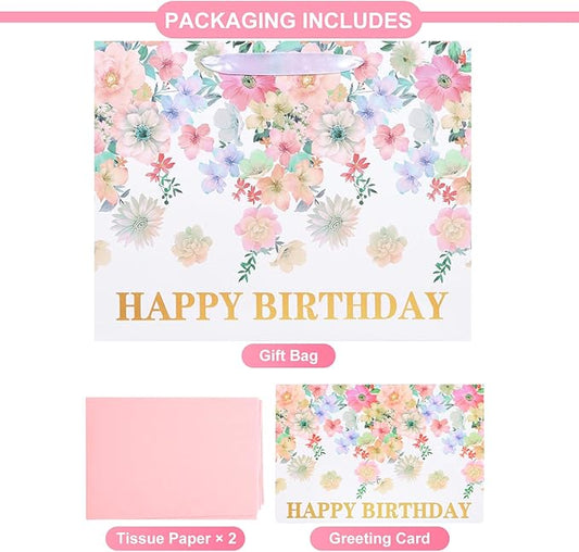 ASYEHJNR 13" Large Size Happy Birthday Gift Bag Floral Flower Pattern with Metallic Gold Happy Birthday Sign Vintage Gift Bag with Greeting Card and Tissue Paper for Girls Women