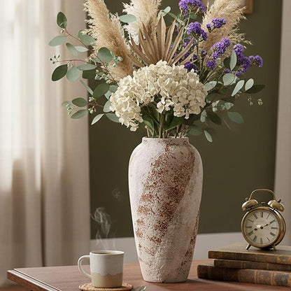 Vintage Ceramic Vase, Minimalist Texture Stone Patterned White Flower Vase, Decorative Vase for Living Room Shelf Farmhouse Dining Table Centerpiece Decor (Rustic 13.7'')