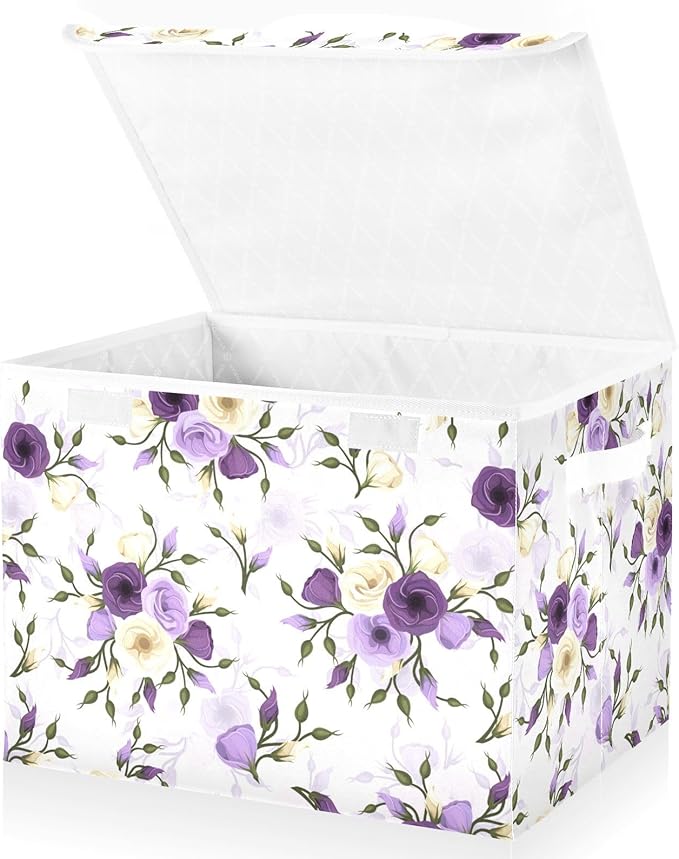 Flower Baskets Collapsible Storage Bins with Lids, Purple Green Rose Flower Storage Boxes Clothes Baskets for Organizing