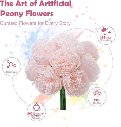 10PCS Pink Realistic Artificial Flowers Peony Fake Silk for Home Office Wedding Table Centerpieces Party Festival Bar Decoration Indoor