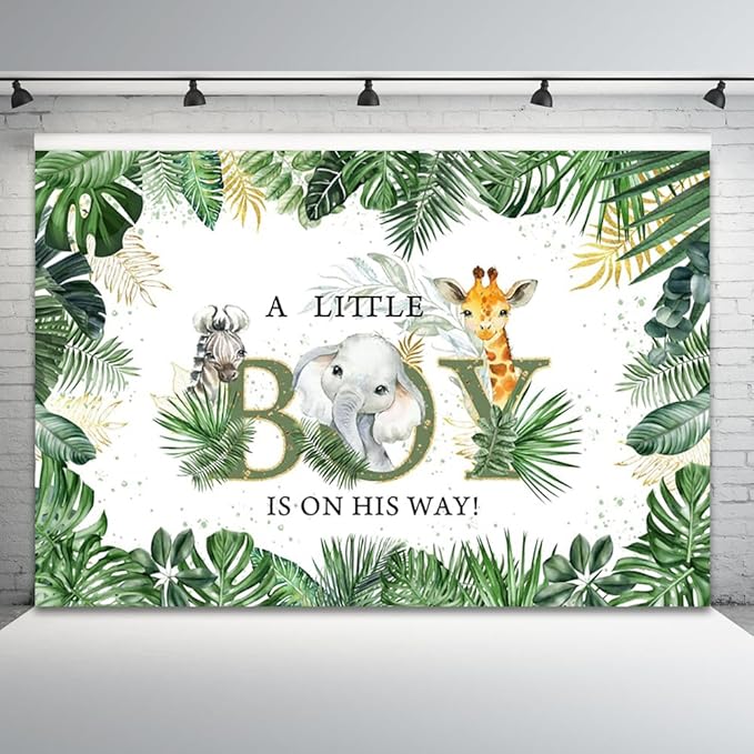 10x6.5ft Baby Shower Backdrop A Little Boy is On His Way Photography Background Jungle Animals Elephant Giraffe Green Gold Leaves Kids Party Banner Decorations Newborn Parties Photo Booth Prop