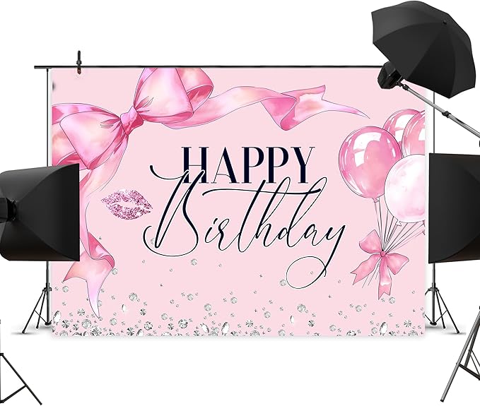 Pink Bow Happy Birthday Backdrop 7Wx5H Photography Bowknot Balloons Coquette Birthday Lips Diamond Balloons Background Woman Bachelorette Party Decorations Banner Photo Booth Props Supplies