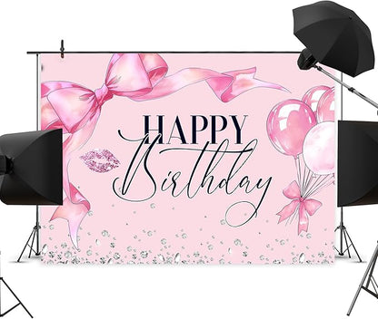 Pink Bow Happy Birthday Backdrop 7Wx5H Photography Bowknot Balloons Coquette Birthday Lips Diamond Balloons Background Woman Bachelorette Party Decorations Banner Photo Booth Props Supplies