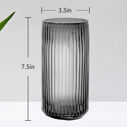 Muyan 7.5" Flower Vase for Decor Ribbed Glass Vase Modern for Centerpieces Desktop Home Office Dining Living Room Wedding (Gray)
