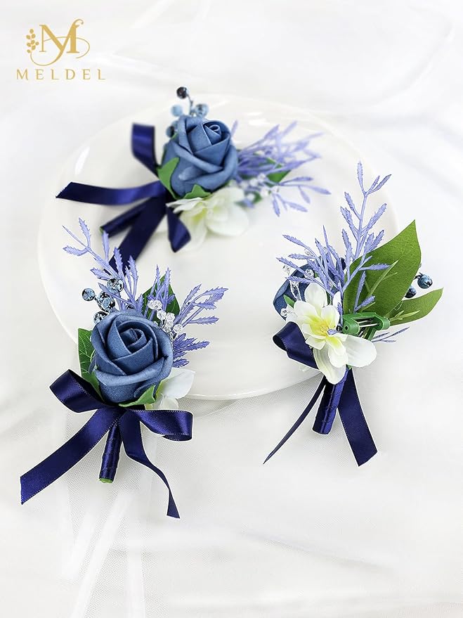 Meldel Blue Boutonniere for Men Wedding, Set of 6, Groom Groomsman Guest Boutonnieres Wedding Decor Artificial Flowers Corsage for Wedding Ceremony Formal Dinner Prom Party Decoration