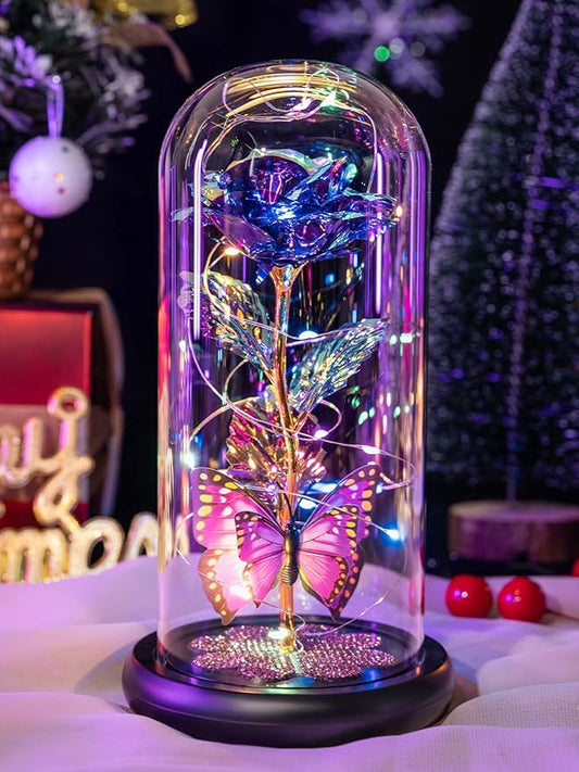 Womens Gifts for Christmas, Christmas Rose Gift for Women Birthday Gift Galaxy Glass Rose Forever Eternal Crystal Flower Light Up Roses in Glass Dome Purple Xmas Gifts for Mom Grandma Wife Her Sister