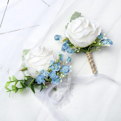 White & Blue Rose Corsage and Men Boutonniere Set for Wedding Ivory Corsages Wristlet Band Bracelet for Wedding Flowers Accessories Prom Homecoming Suit Decorations